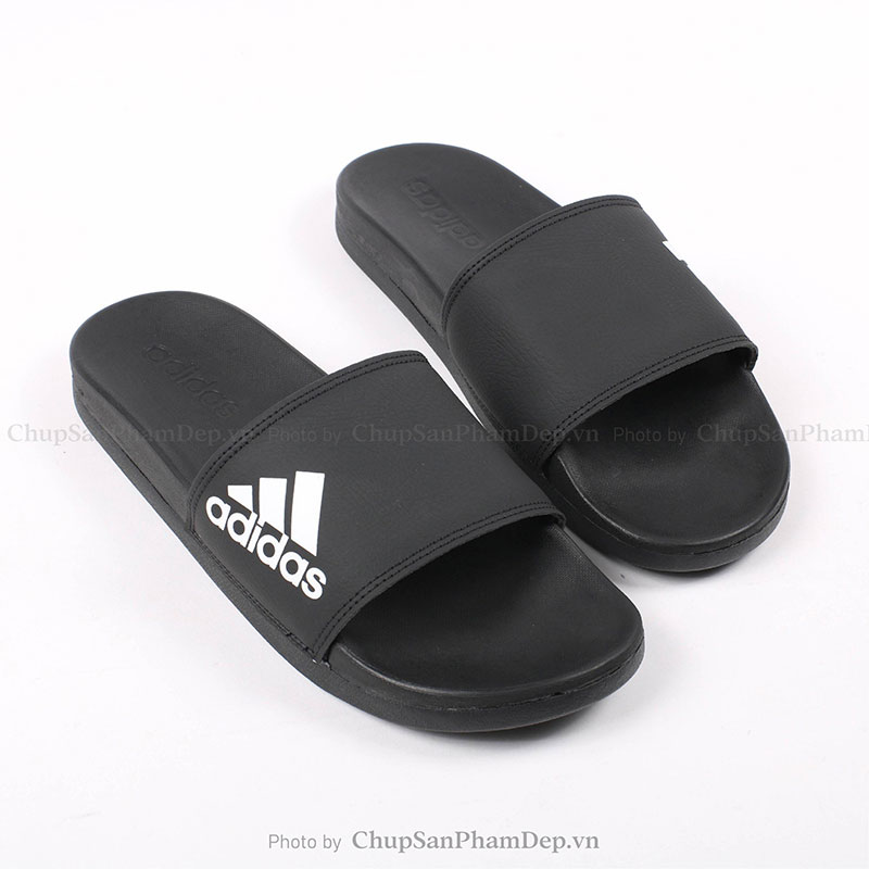 Dép Adidas Plus Logo Trắng Full Đen Cao Cấp