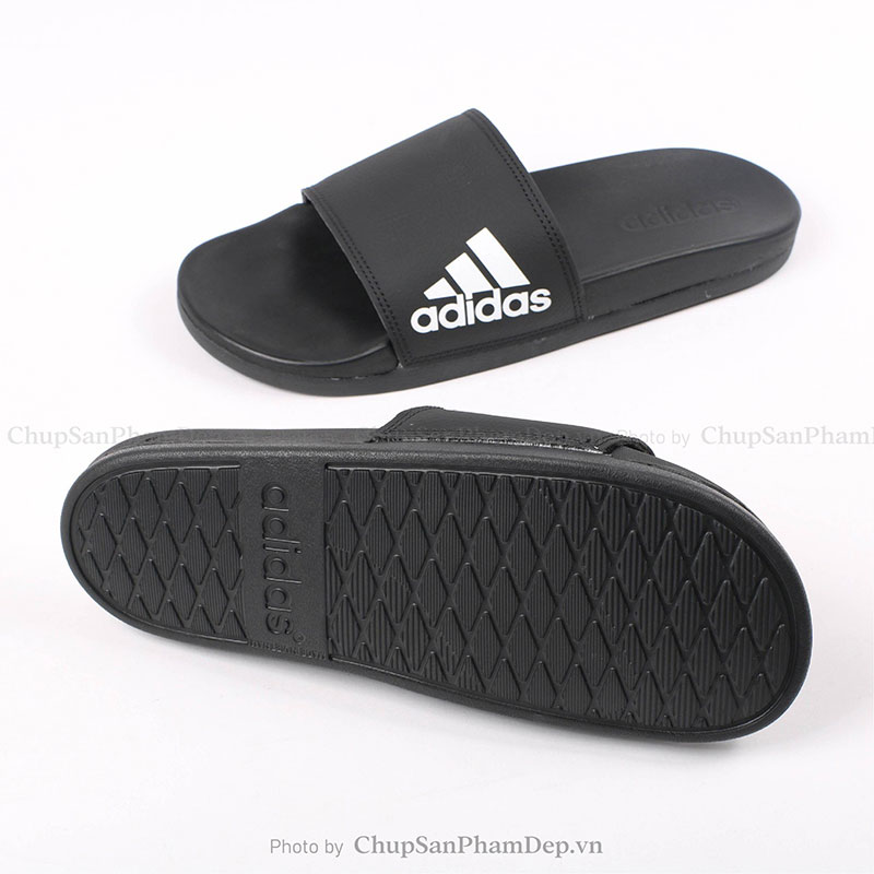 Dép Adidas Plus Logo Trắng Full Đen Cao Cấp